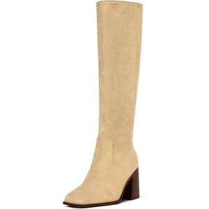 Women Nude Polyurethane Knee High Square Toe Side Zipper Block Heel Tall Boots